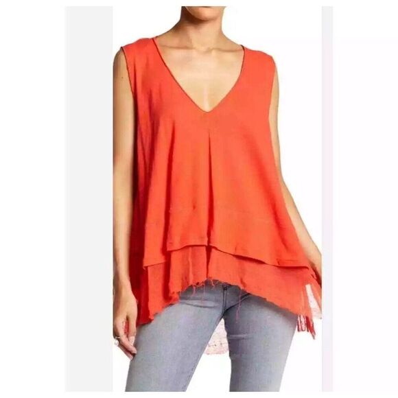 NWT WE THE FREE Hot Peachy Sleeveless Tiered Frayed Hem Tank Size XS - Picture 2 of 10